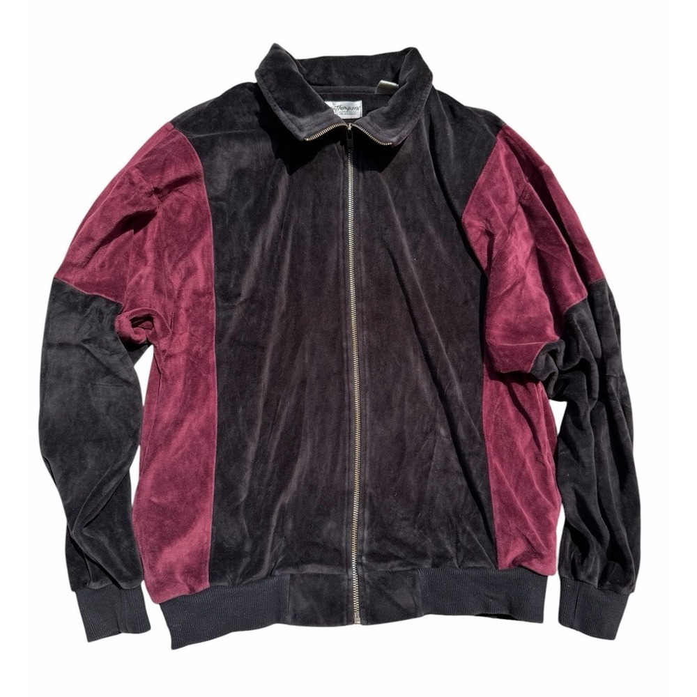 Vintage Norm Thompson Velour Track Jacket Mens Medium Black Burgundy Full Zip‎